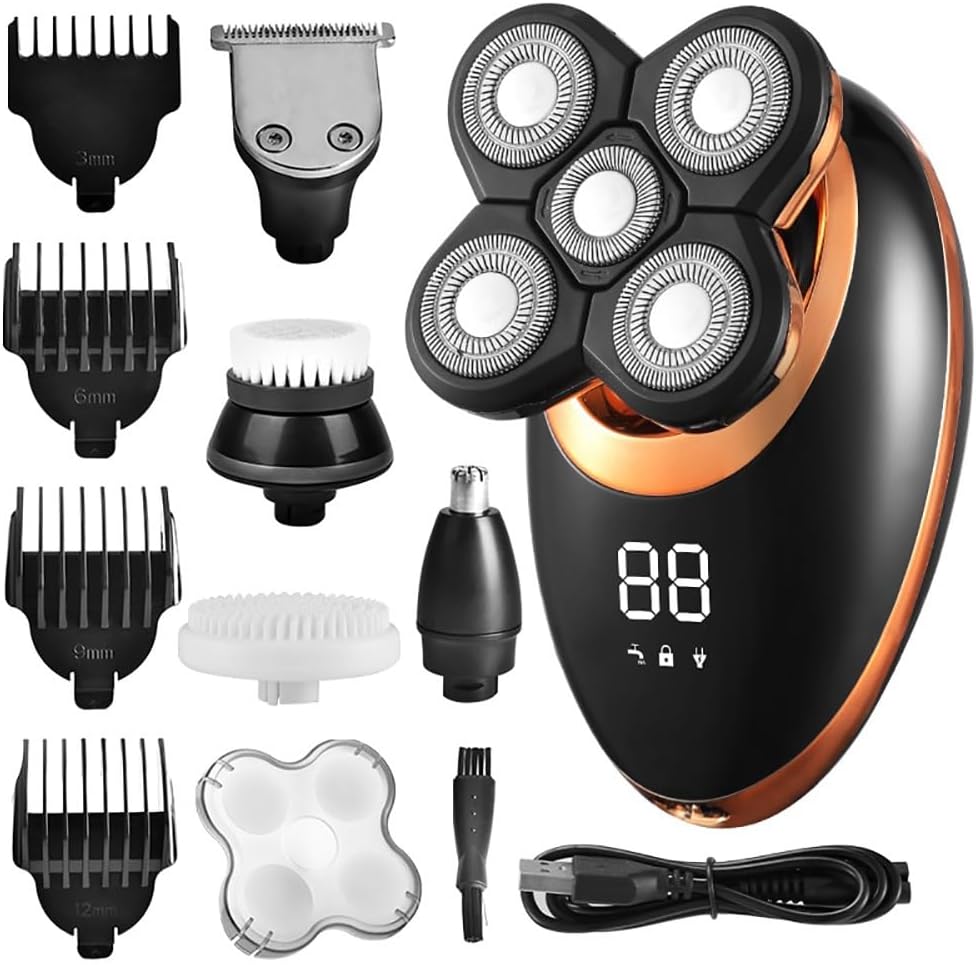 Head Shaver for Men, 5 in 1 Electric Shaver for Men Beard Hair Trimmer Electric Razor 5D Floating Five Blade Heads Electric Nose Hair Trimmer LCD Display