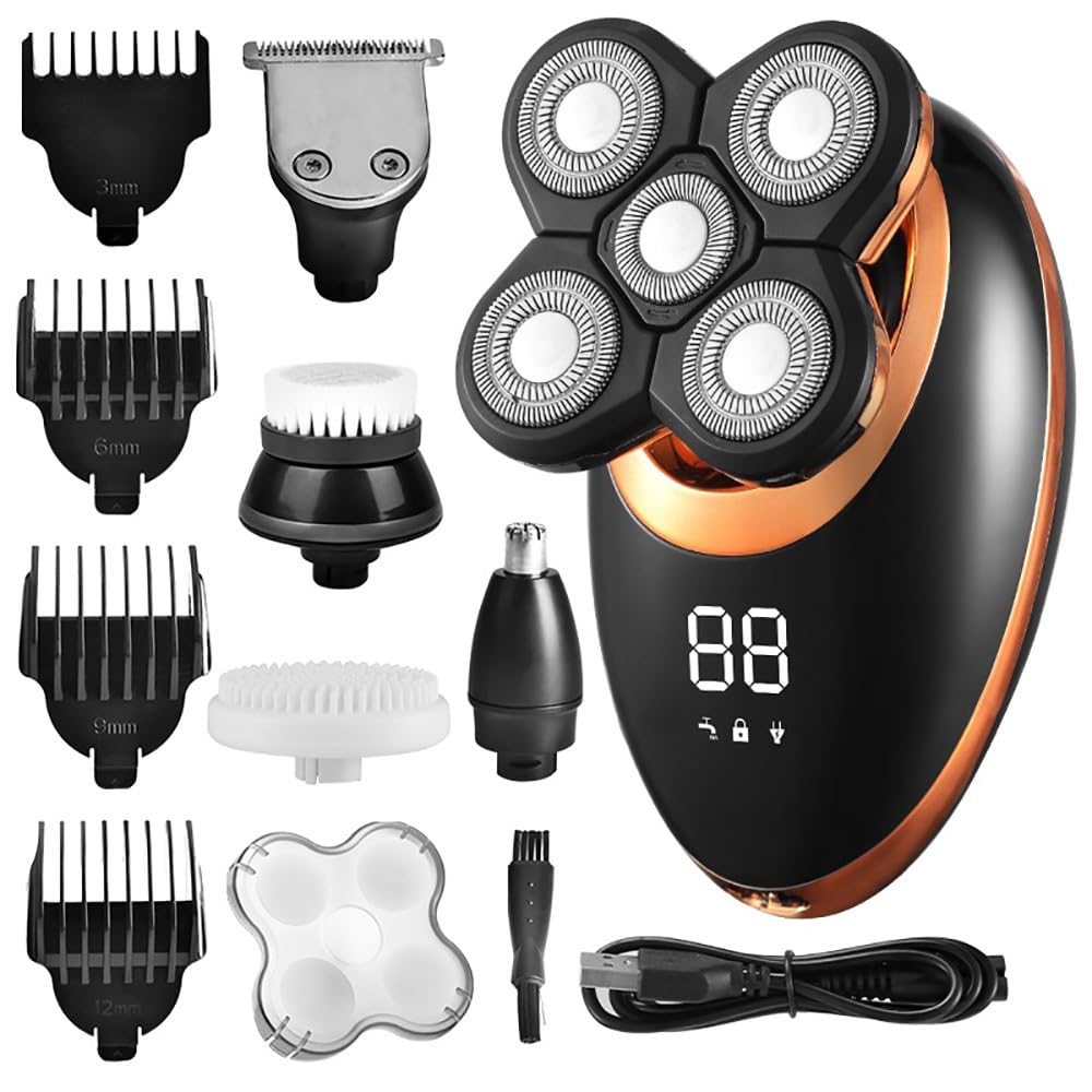 Head Shavers for Bald Men, Electric Shaver for Men Beard Hair Trimmer Electric Razor 5D Floating Five Blade Heads Electric Nose Hair Trimmer LCD Display (Color : Golden)