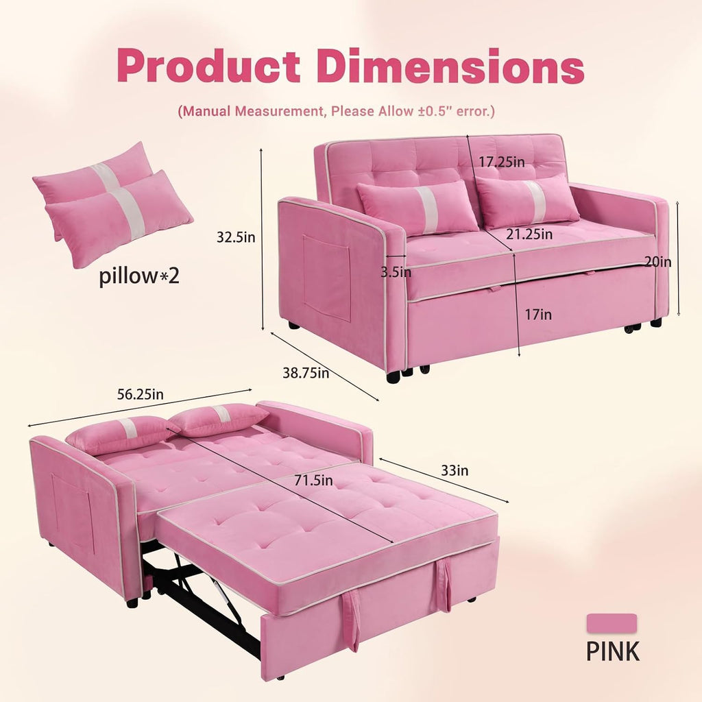 71' Loveseat Sleeper Sofa, 3 in 1 Convertible Sofa Bed, Adjustable Backrest Comfy Pull Out Couch, Modern Upholstered Sofa for Living Room Bedroom Apartment Small Space (Pink)