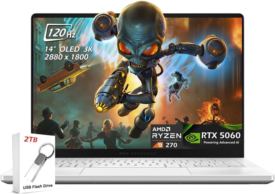 ASUS ROG Zephyrus G14 14.0' OLED Gaming Laptop, (AMD Ryzen 9 270, RTX 5060 8GB, 16GB RAM, 1TB SSD, RGB Backlit Keyboard, WiFi 6E, Micro SD, WiFi7,Win11), Platinum White, w/2TB USB Drive, W/GaLiMu