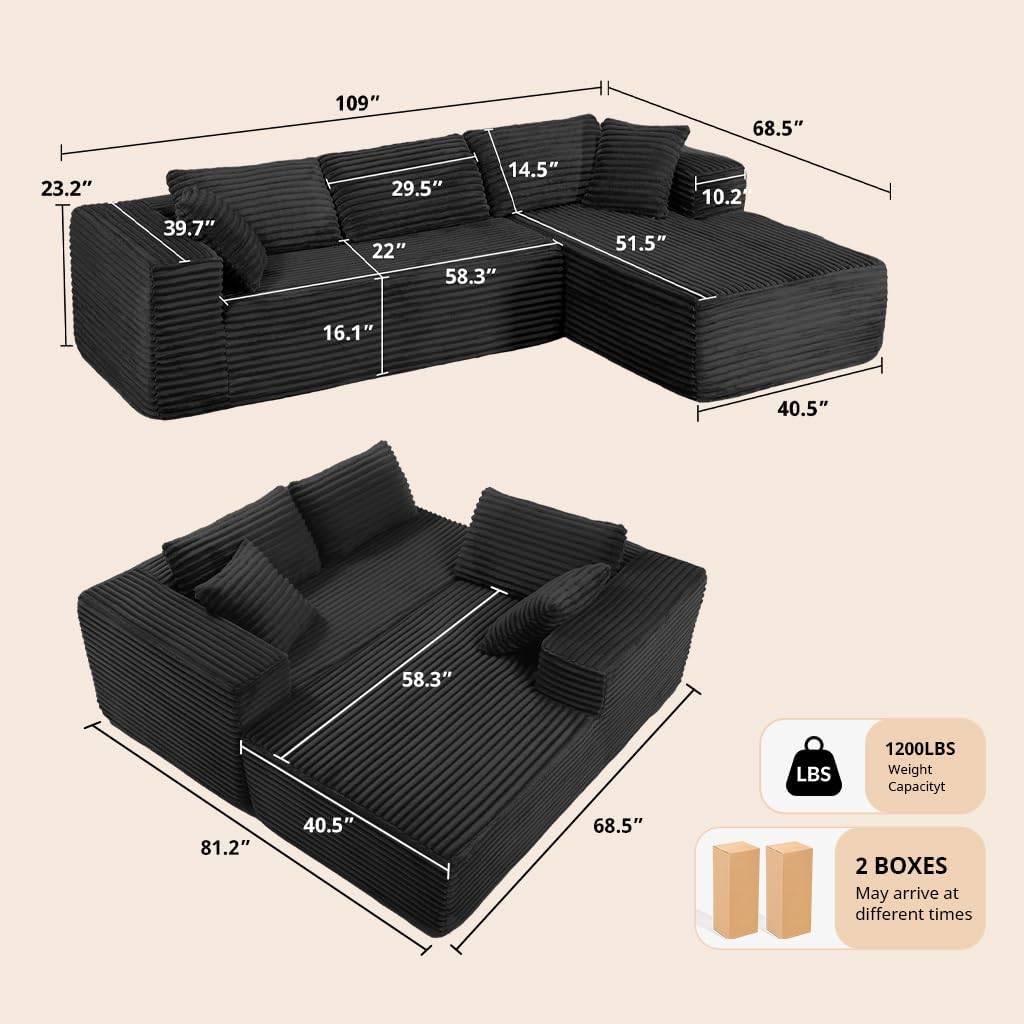 COMHOMA 105'Modular Sectional Sofa with Deep Seat,Cloud Upholstered L-Shape Couch Wide Arms Corduroy Fabric High-Density Foam Chaise Lounge for Living Room No Assembly Required
