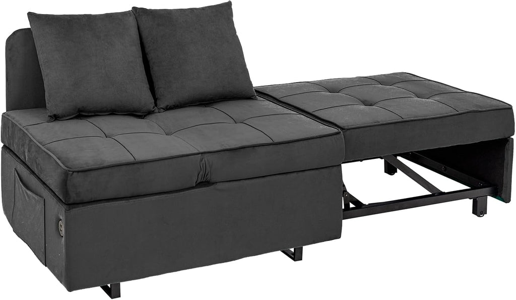 Sofa Bed 4-in-1 Convertible pull out Couch, Velvet Love seat Couch Sleeper Chair Bed with 2 Throw Pillow, Single Recliner with 5 Adjustable Backrests for Living Room Apartment Small Space, Dark Grey