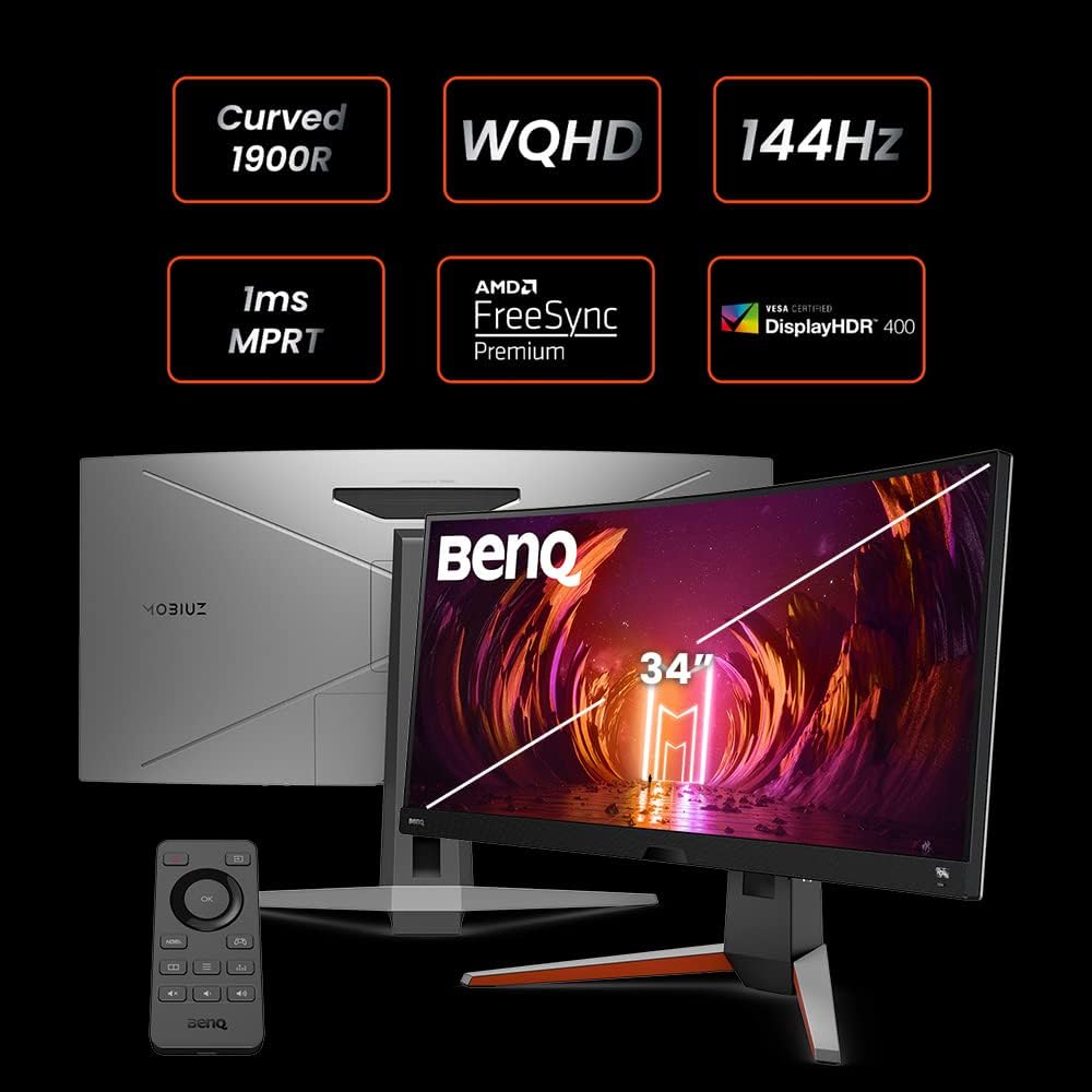 BenQ MOBIUZ EX3415R Curved Gaming Monitor 34' 2K 1440p 144Hz 1ms w/Remote | IPS | HDRi | DCI-P3 | 1900R | Color Optimizer | Freesync Premium Pro | Height, Swivel & Tilt | 2.1ch w/ 5w sub | USB Hub