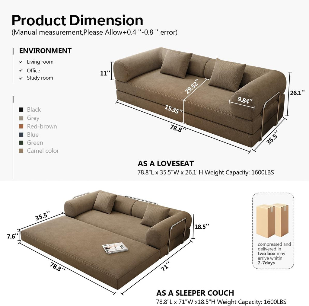 78.8' Modular Sofa Bed - 4-in-1 Convertible Design with Corduroy Fabric and High Density Sponge, Removable Cover and Fixed Frame