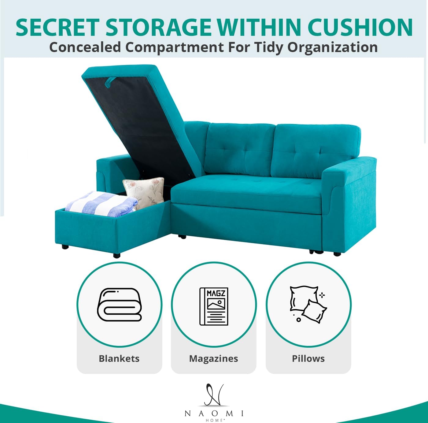 Naomi Home L Shaped Sectional Couch with Storage & Pull Out Bed – 3-in-1 Convertible Sleeper Sofa Bed, Small L Shape Sofa for Living Room, Sofa Bed with Storage Chaise in Teal, Velvet