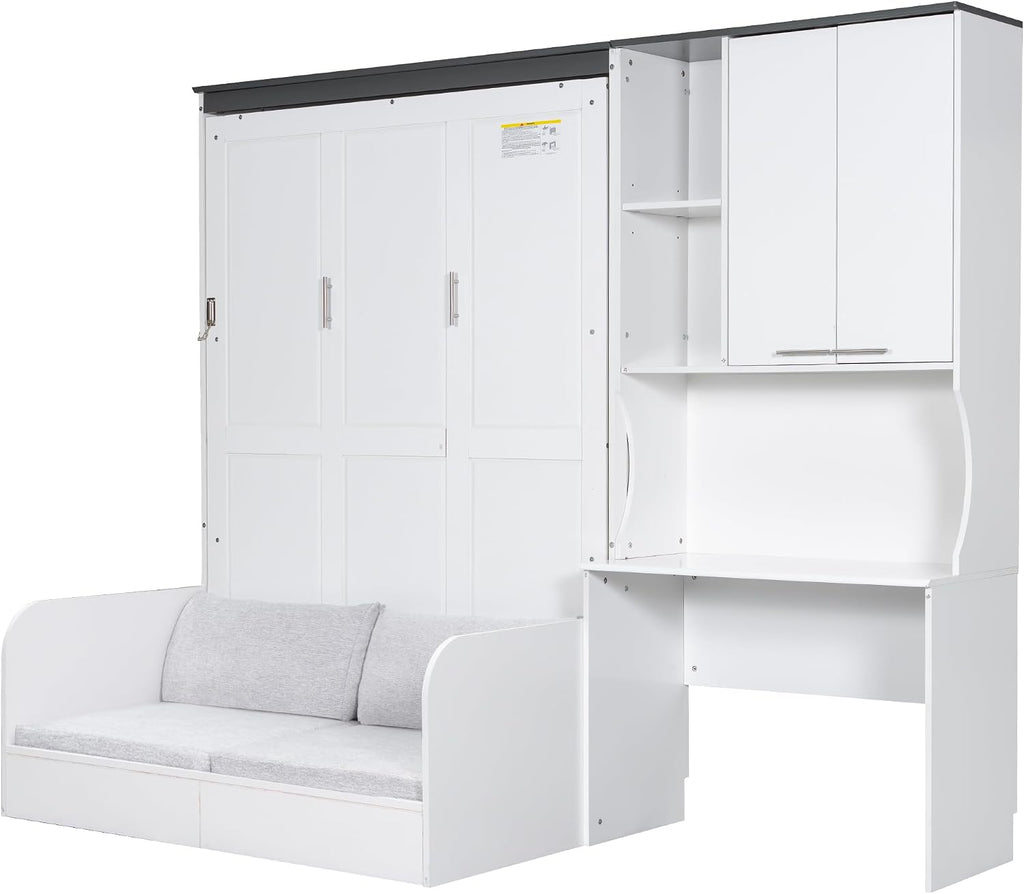 Merax Farmhouse Multi-Functional Murphy Bed with Sofa, Desk & Storage Cabinet,Solid Wood Foldable Wall Bed/Space Saving/No Box Spring Needed/Full,White + Gray