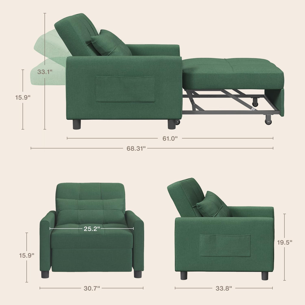 Aiho Convertible Sleeper Chair with Pillow & Pocket, 3-in-1 Sofa Bed in Modern Linen Fabric for Apartment, Green