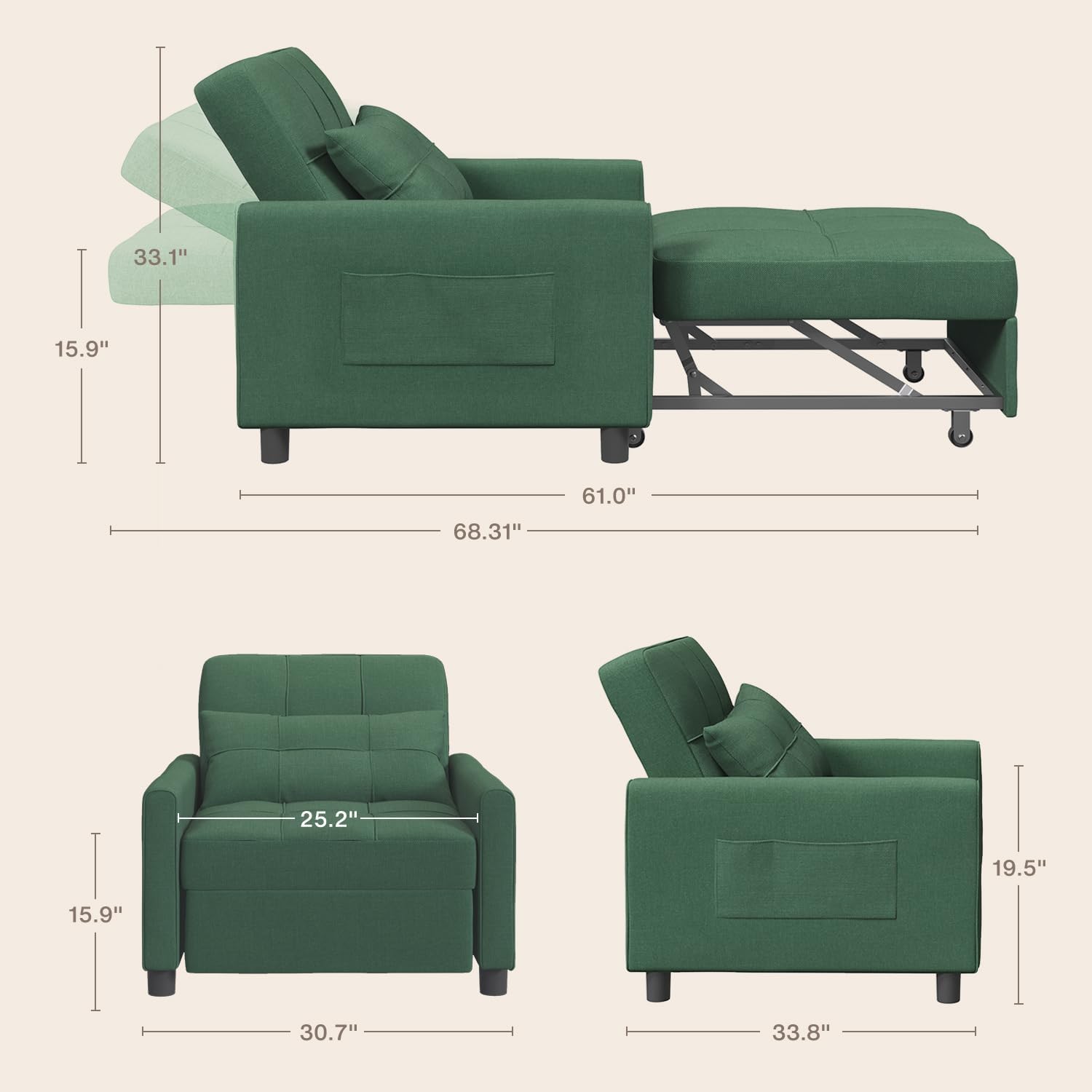Aiho Convertible Sleeper Chair with Pillow & Pocket, 3-in-1 Sofa Bed in Modern Linen Fabric for Apartment, Green