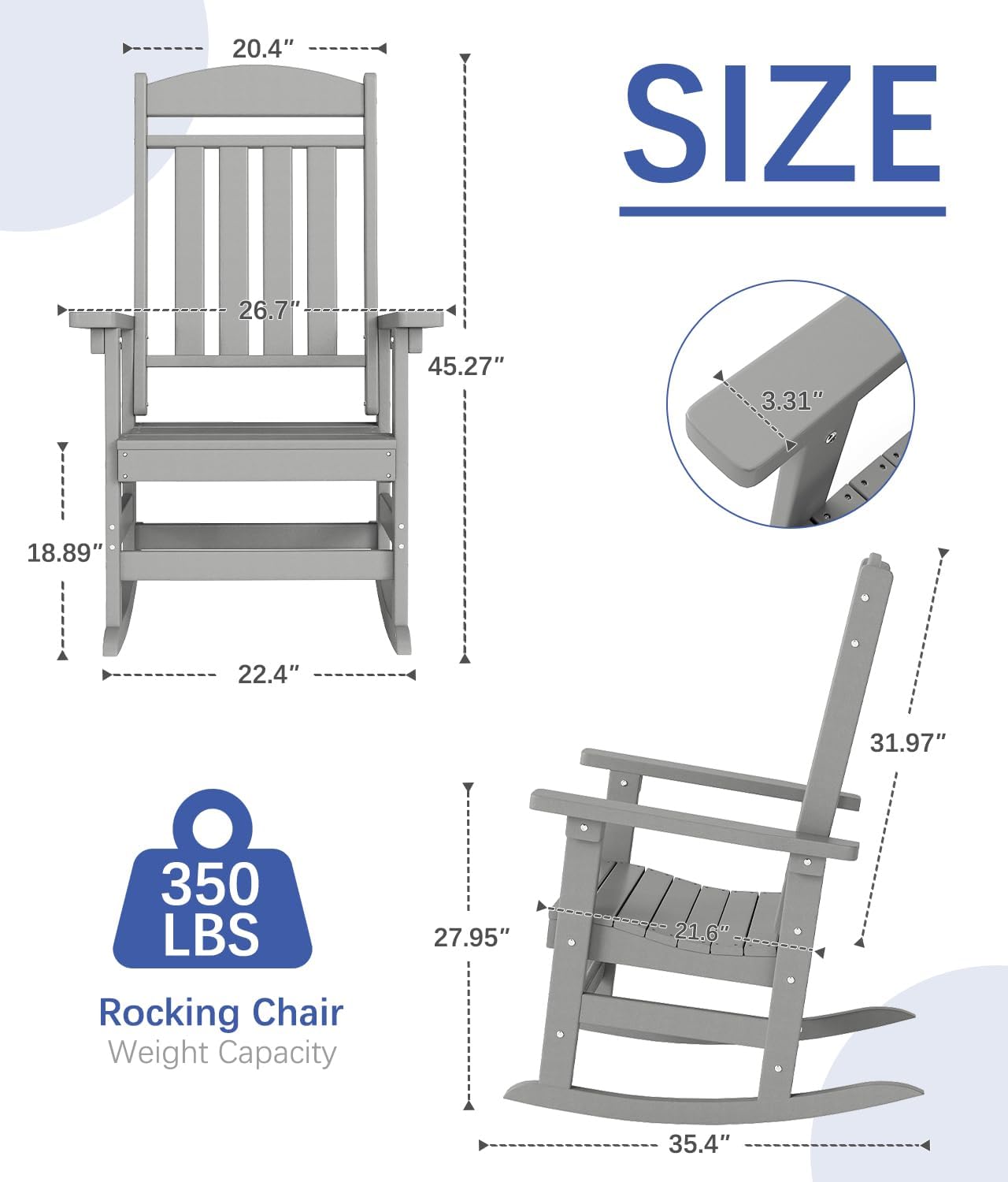 FOOWIN Outdoor Rocking Chair, High Back Patio Rocking Chair, HDPE All Weather Resistant Porch Rocker for Adult, Oversized Rocking Chairs for Garden, Lawn, Indoor & Outdoor Use, Grey