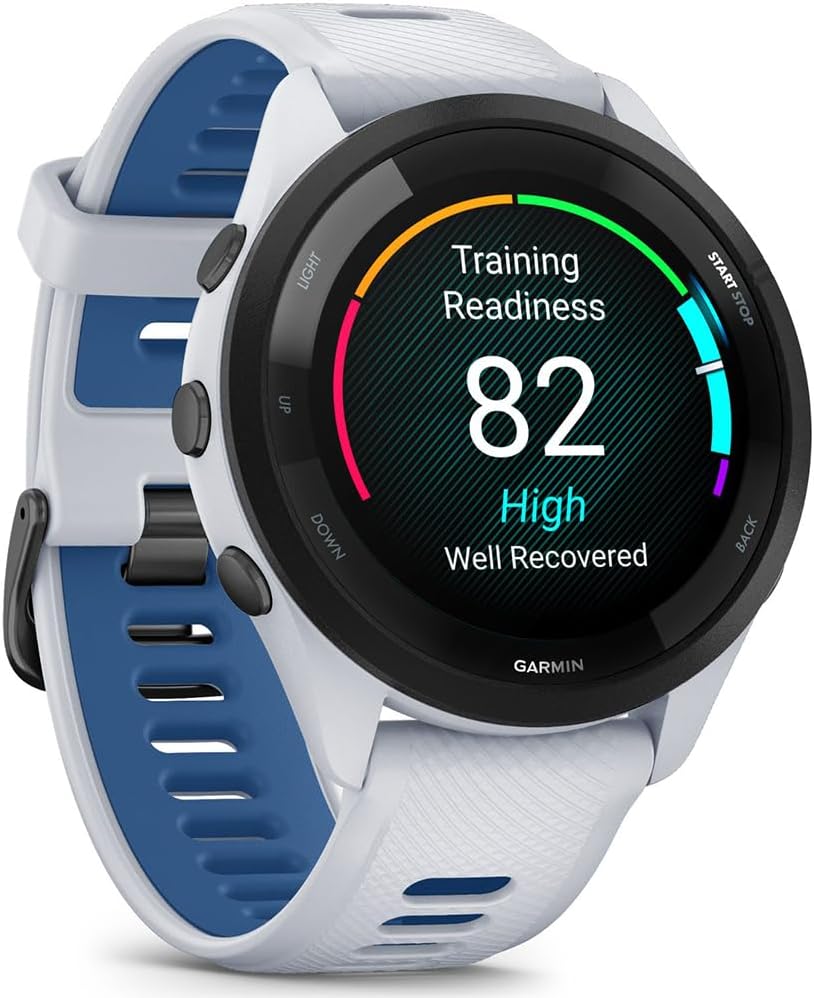 Garmin 010-02810-01 Forerunner 265 GPS Smartwatch Whitestone/Tidal Blue Bundle with Deco Essentials Silicone Dust Cover 3 Pack, Round Screen Protector and 2 YR CPS Enhanced Protection Pack