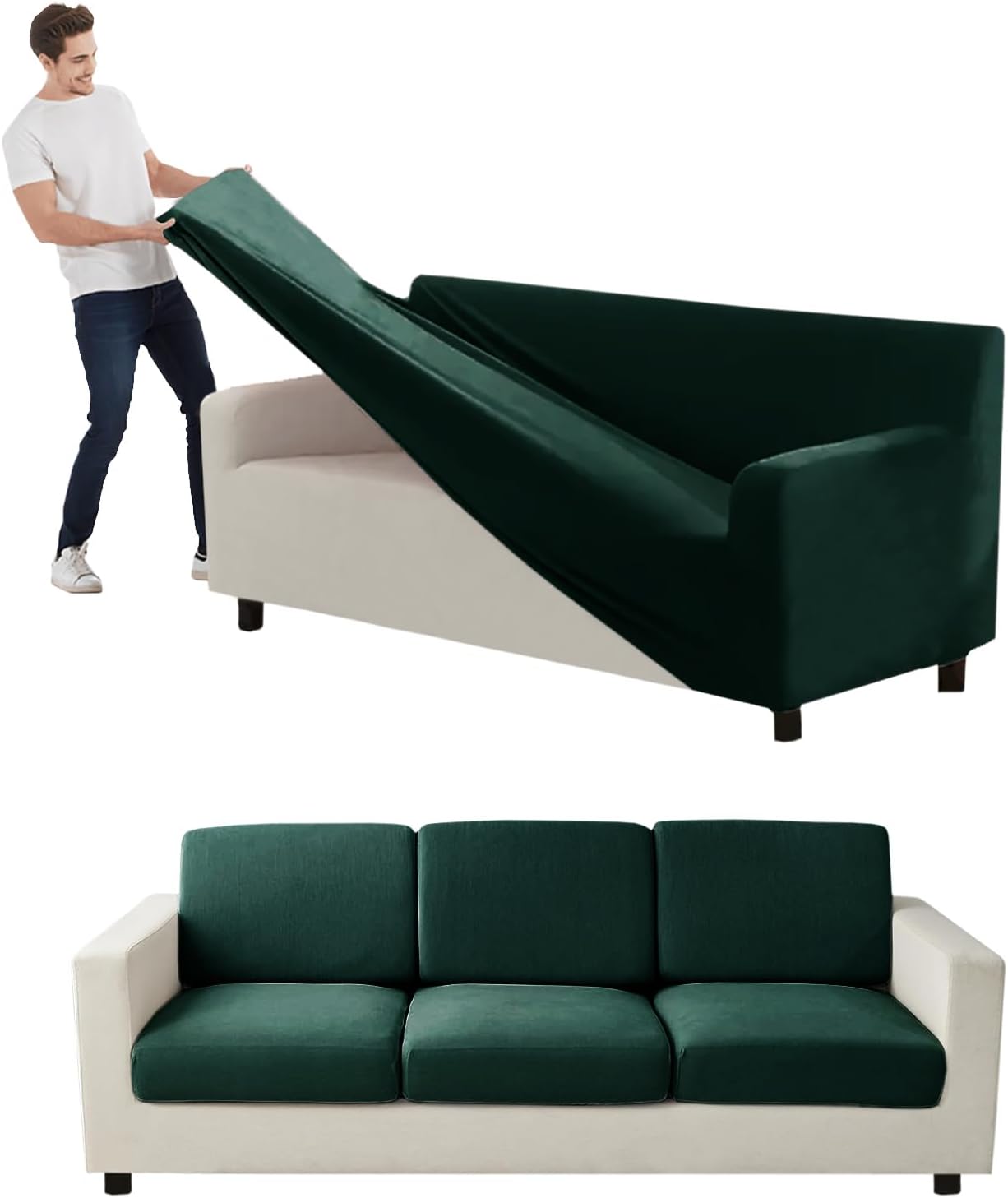 Couch Cover Velvet, Stretch Sofa Covers for Separate Main Cover/Backrests and Seat Cushions Couch Cover, for Living Room Furniture Slipcovers (Dark Green,Large Seat 7 Piece)