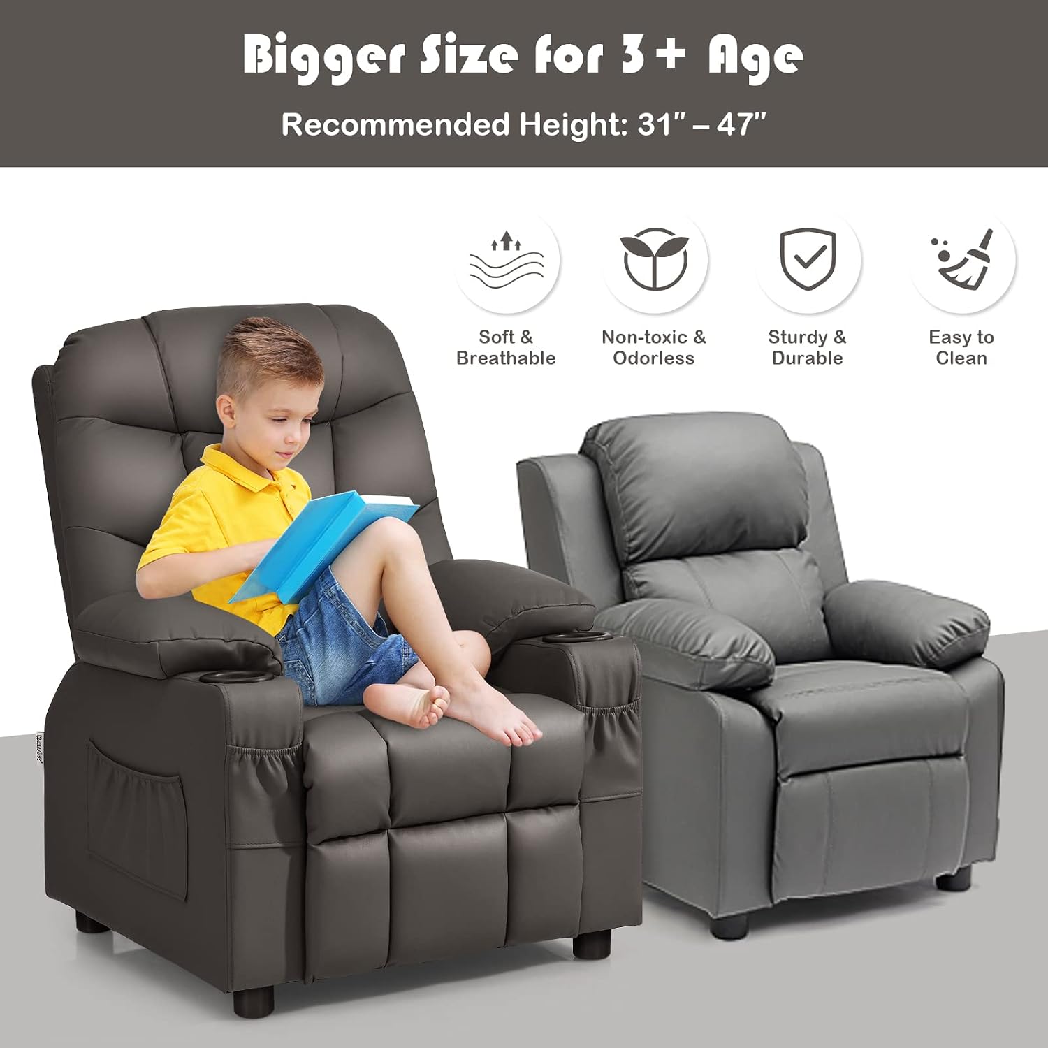 GLACER Kids Recliner Chair w/Cup Holder & Side Pockets, Children Recliner w/Comfortable Backrest, Armrests & Footrest, Toddler PU Leather Recliner for Boys Girls, 3+ Age Group (Brown)