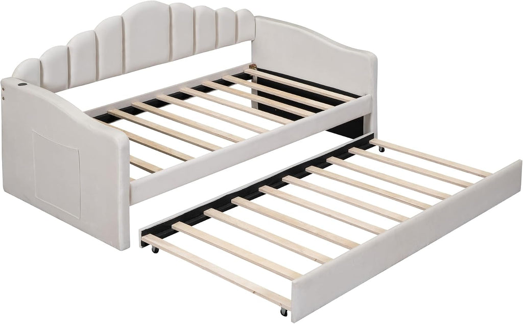 Bellemave Twin Size daybed with Trundle for Adults, Kids, Girls, Teens, daybeds with Trundle for Living Room, Velvet, Beige(Mattress not Included)