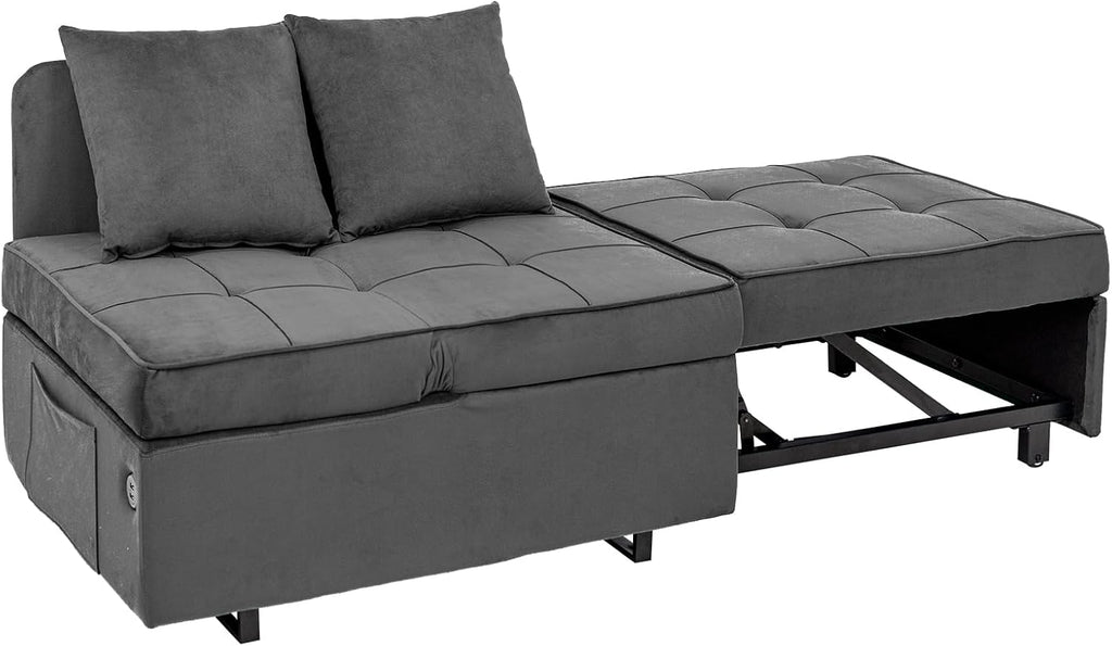 Sofa Bed 4-in-1 Convertible pull out Couch, Velvet Love seat Couch Sleeper Chair Bed with 2 Throw Pillow, Single Recliner with 5 Adjustable Backrests for Living Room Apartment Small Space, Light Grey