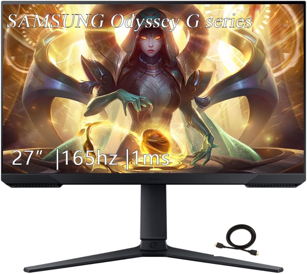 Samsung 27' Odyssey G Series FHD Gaming Monitor, 165Hz, 1ms, VESA Mount Capability, Eye Saver Mode, FreeSync Premium,Height Adjustable Screen, Black, with GSF HDMI Cable
