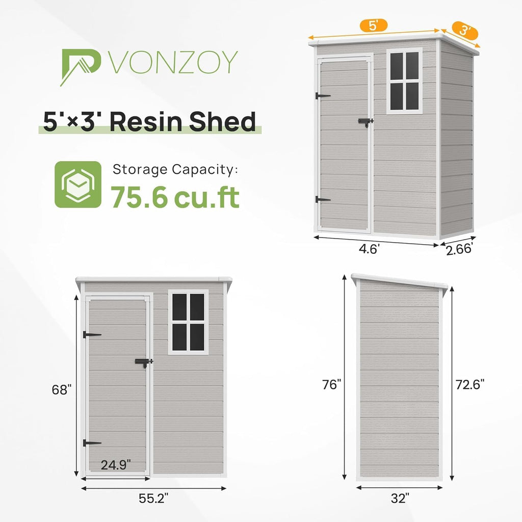 Resin Outdoor Storage Shed with Floor, 5x3FT Plastic Garden Shed, Lockable Door & Window, Waterproof Tool Shed for Bike, Garbage Can, Lawn Mower, Patio Furniture Bedge