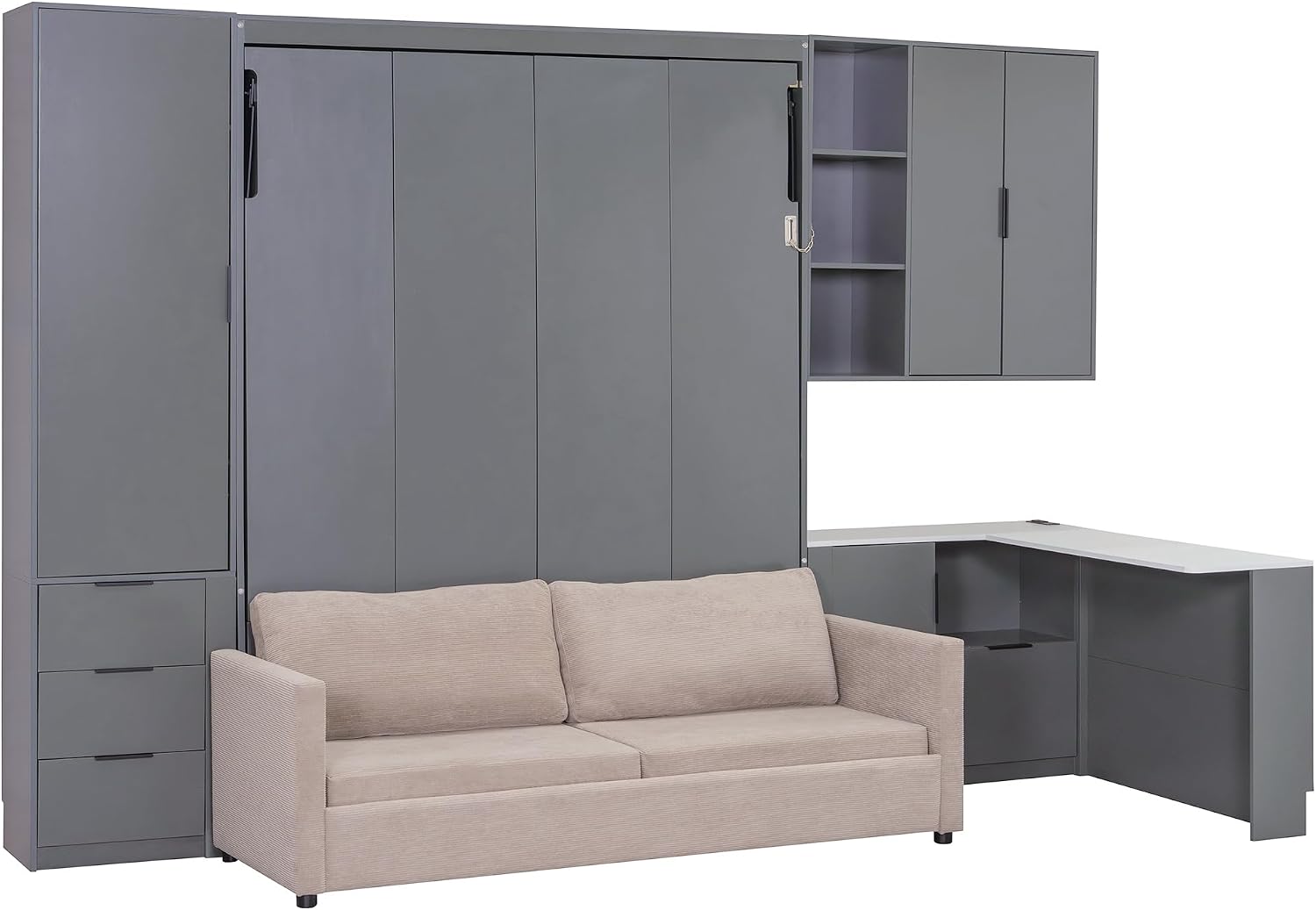 Merax Queen Size Wood Murphy Bed with Upholstered Sofa & Desk, Multifunctional Foldable Wall Platform Bed w/USB Charging Station for Guest-Room, Bedroom, Space Saving, Gray +Beige