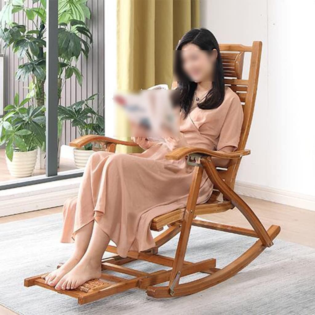 Folding Chair Indoor Padded, Rocking Chair with Ottoman, Wooden Frame Adjustable Reclining Chair with Footrest Headrest Removable Cushion Portable Deck Recliner for Living Room