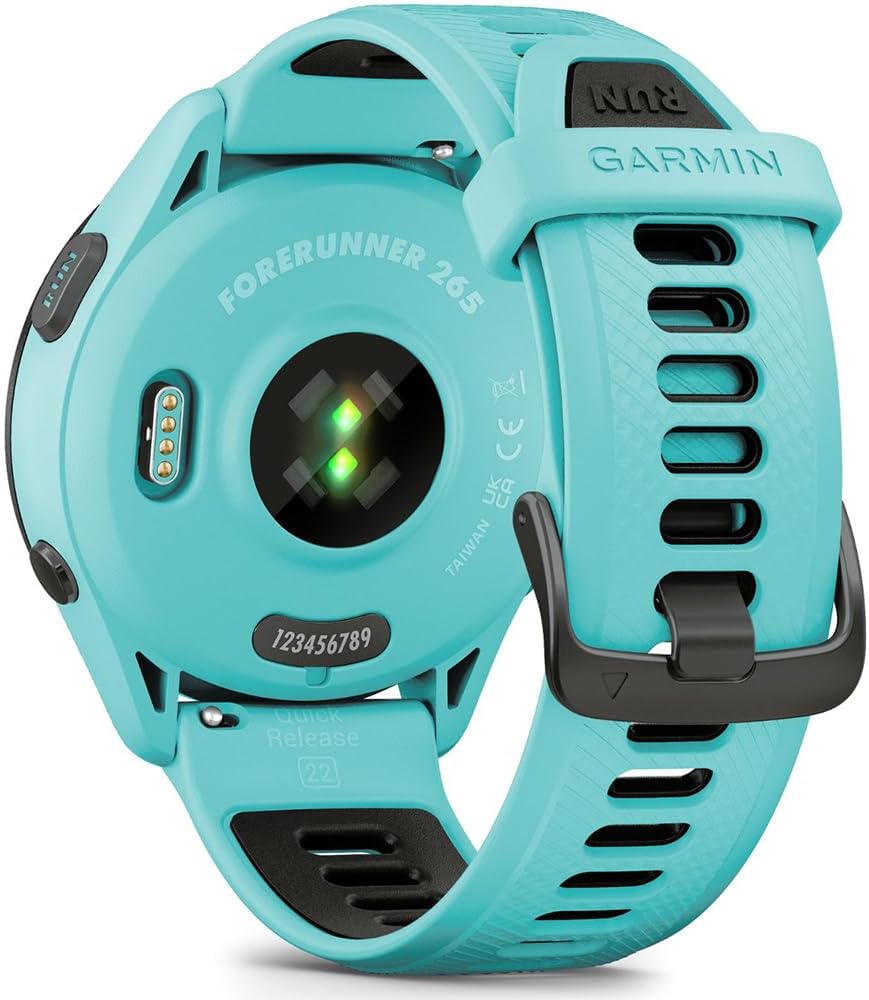 Garmin 010-02810-02 Forerunner 265 GPS Smartwatch Aqua/Black Bundle with Deco Essentials Silicone Dust Cover 3 Pack, Round Tempered Glass Screen Protector and 2 YR CPS Enhanced Protection Pack