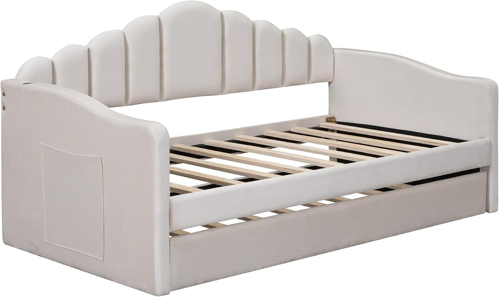 Bellemave Twin Size daybed with Trundle for Adults, Kids, Girls, Teens, daybeds with Trundle for Living Room, Velvet, Beige(Mattress not Included)