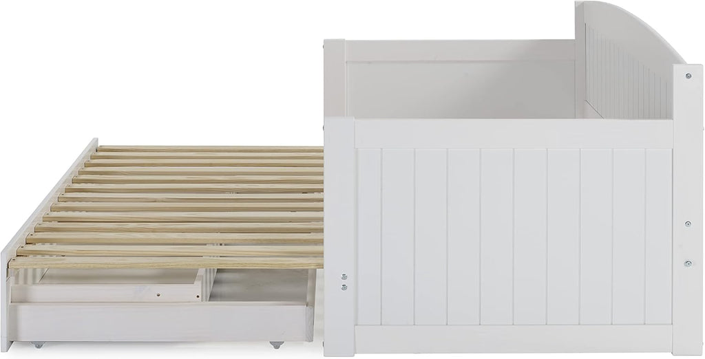 Alaterre Furniture Harmony Twin to King Daybed with Pop Up Trundle Bed - Solid Wood Twin Day Bed with 2 Pull-Out Storage Drawers and 400lb Capacity - For Kids, Guest Room, Living Room (White)