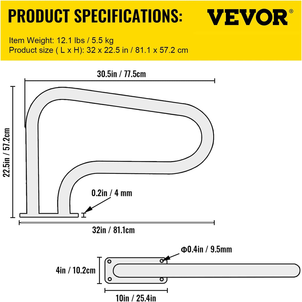 VEVOR Pool Handrail, 32 x 22.5 Swimming Pool Stair Rail, 304 Stainless Steel Stair Pool Hand Rail Rated 375lbs Load Capacity, Pool Rail with Quick Mount Base Plate, and Complete Mounting Accessories