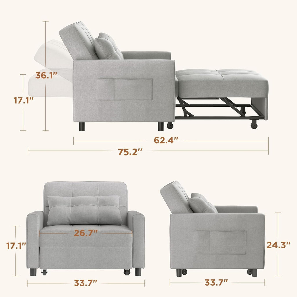 Aiho 34-Inch Sleeper Chair Bed, 3-in-1 Convertible Pull-Out Sofa Bed with Modern Linen Fabric for Living Room or Apartment (Light Gray)