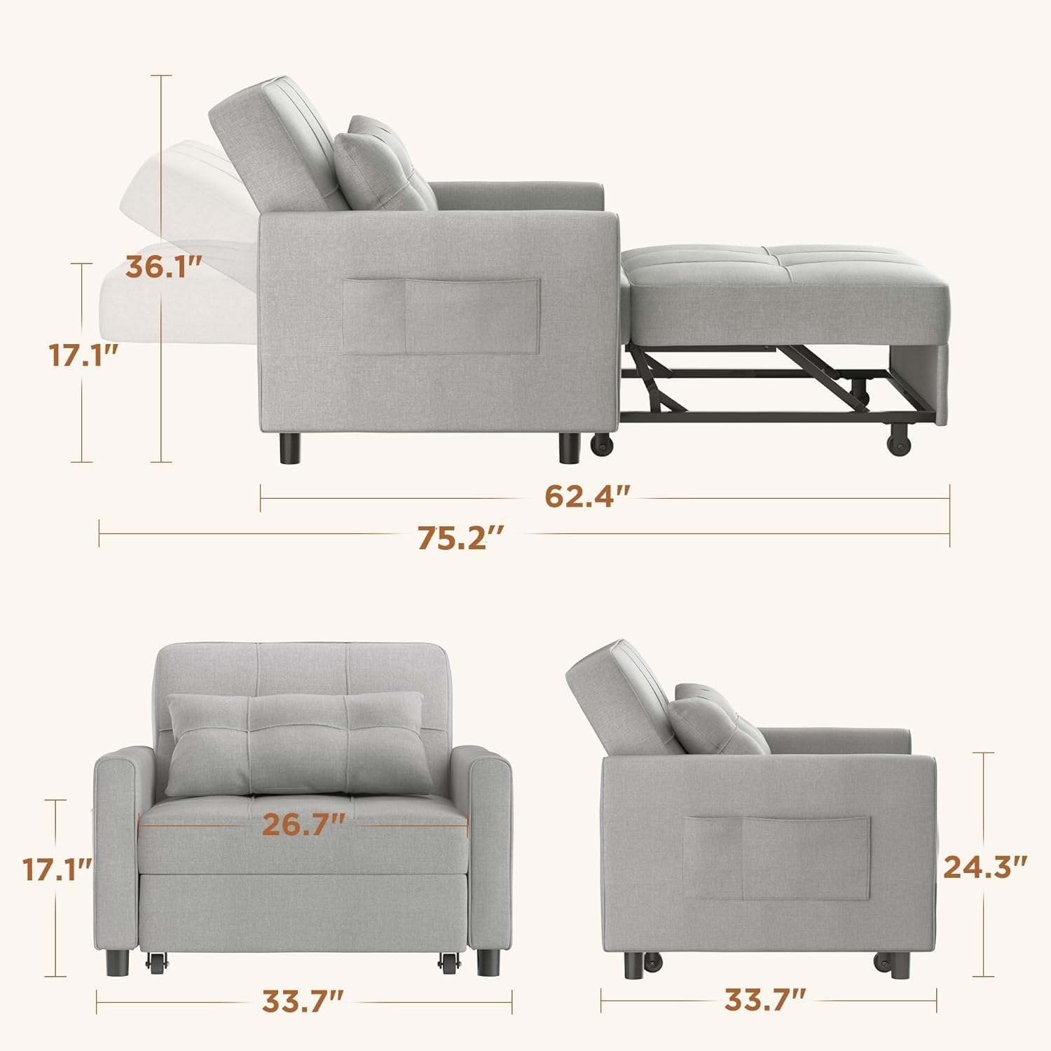 Aiho 34-Inch Sleeper Chair Bed, 3-in-1 Convertible Pull-Out Sofa Bed with Modern Linen Fabric for Living Room or Apartment (Light Gray)