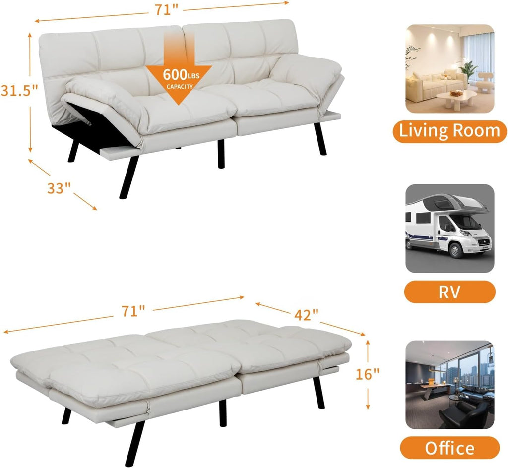MUUEGM 71-Inch Convertible Futon Sofa Bed with Adjustable Backrest & Removable Armrests, Foldable Sleeper Loveseat for Small Space Living Room, Studio Apartment, Home Office，White