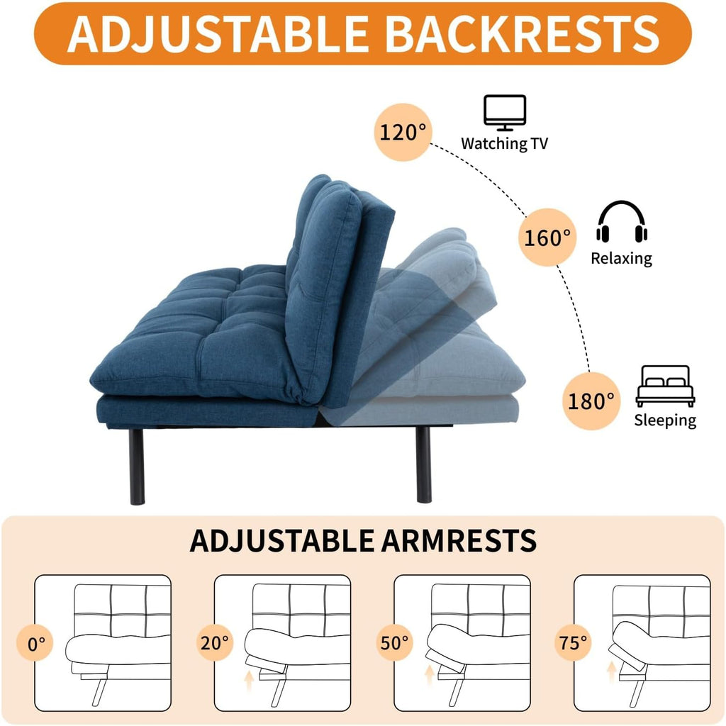 MUUEGM 71-Inch Convertible Futon Sofa Bed with Adjustable Backrest & Removable Armrests, Foldable Sleeper Loveseat for Small Space Living Room, Studio Apartment, Home Office，Blue