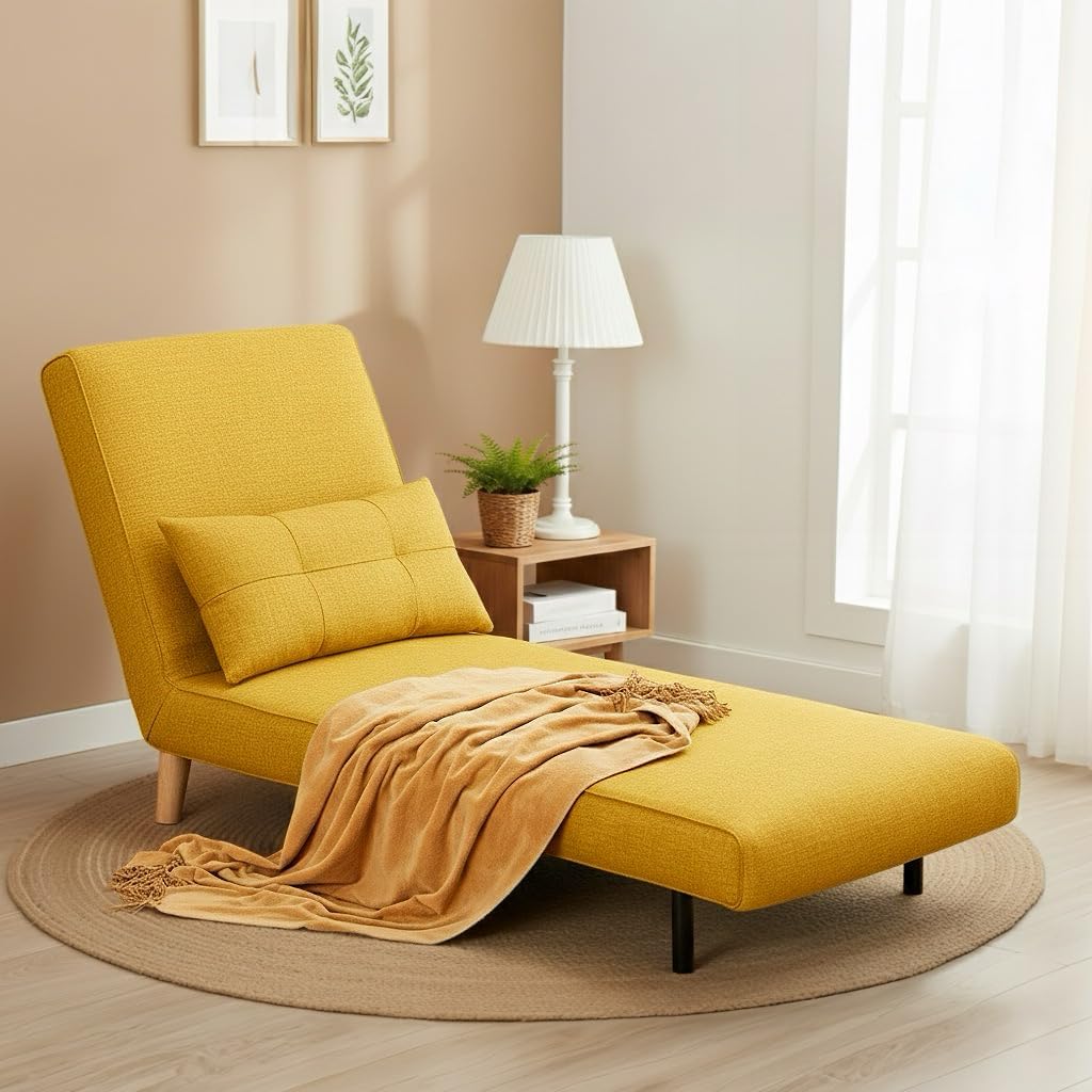 Ahomly 3 in 1 Sleeper Chair Bed, Chair Bed Sleeper for Adults with 6 Angle Adjustable Backrest, Convertible Single Futon for Living Room/Apartment/Office, Yellow
