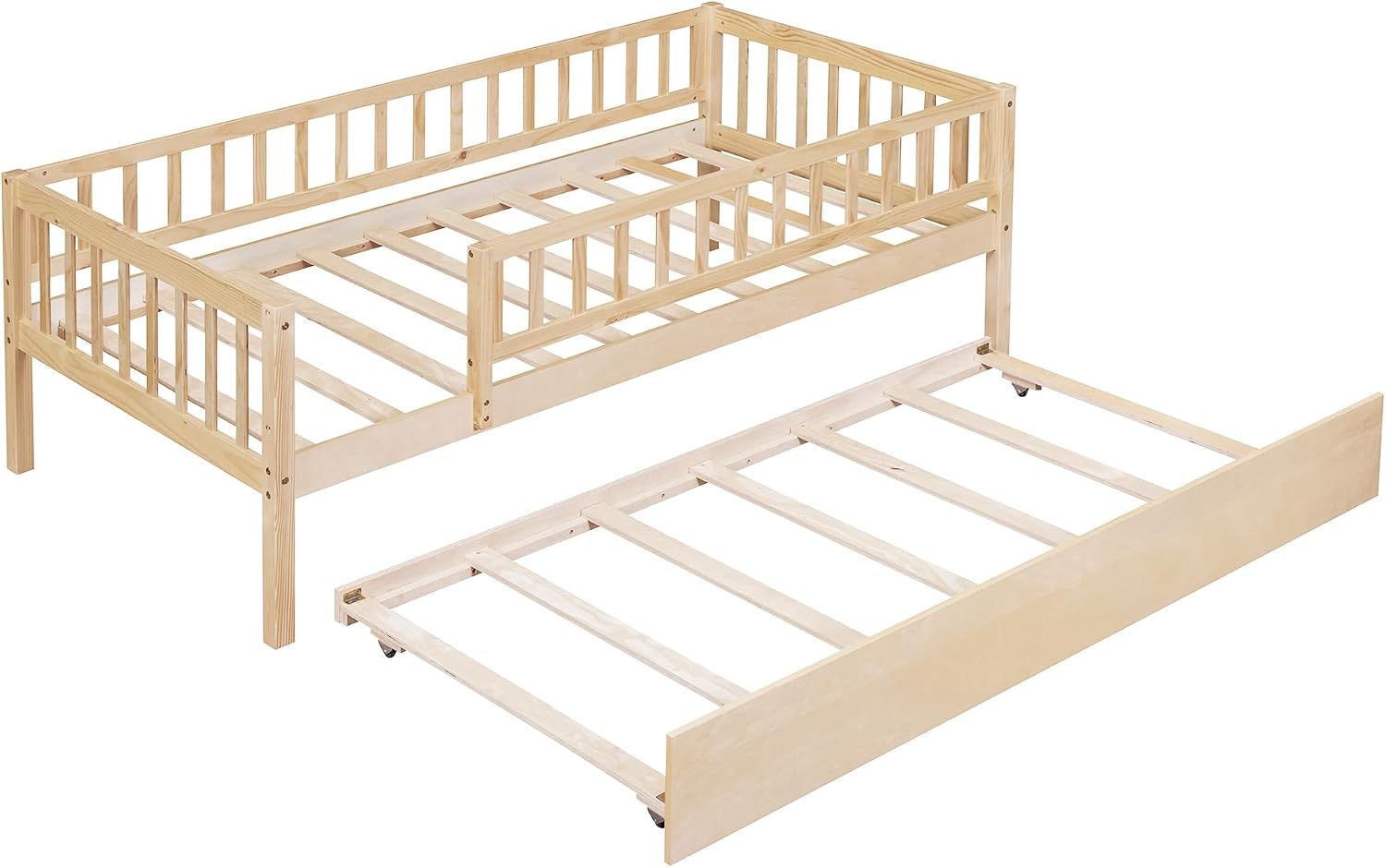 Twin Wood Bed Frame with Fence Railings and Trundle,Low Montessori Kids Platform Bed Frame with Full-Length Safety Guardrails,Dual-use Daybed for Bedroom and Living Room,Natural