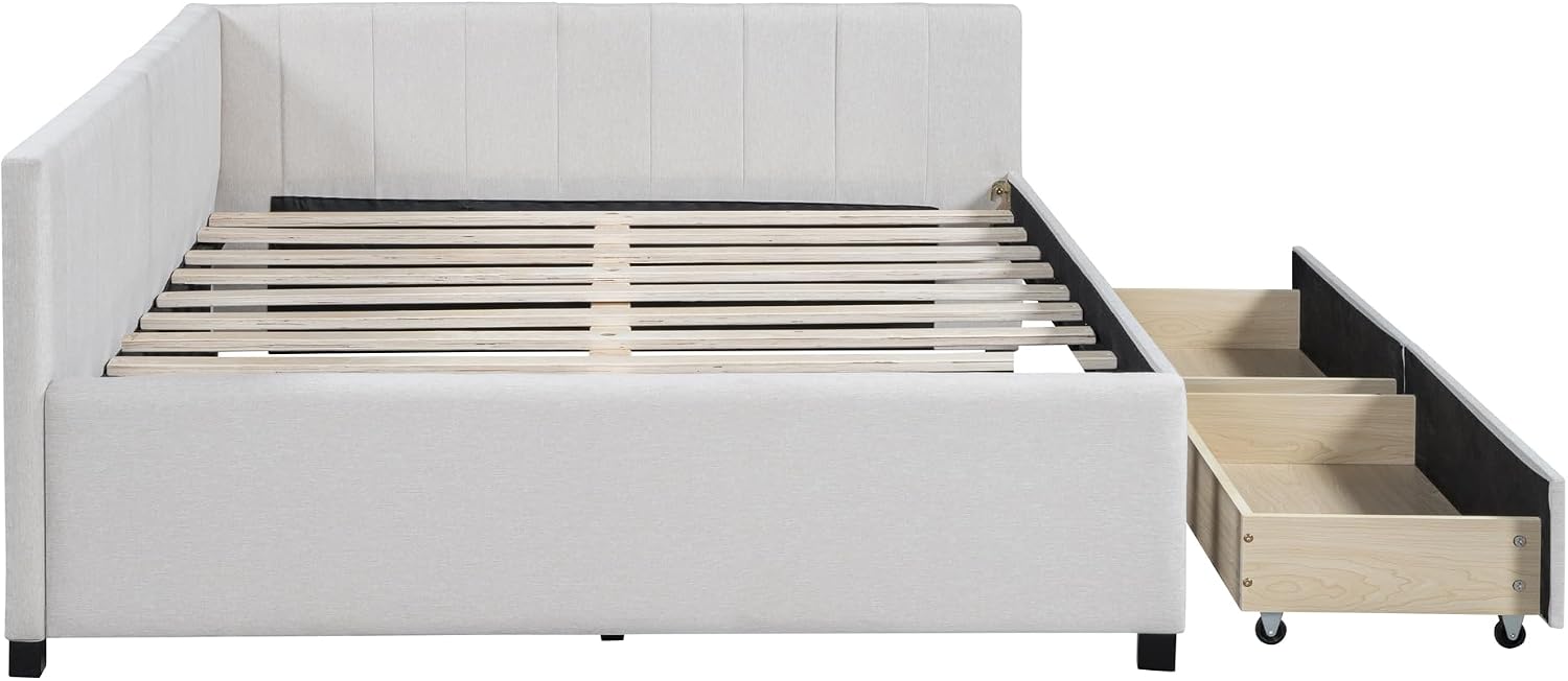Merax Upholstered Daybed with 2 Storage Drawers, Beige Linen Full Size Sofa Bed Frame, No Box Spring Needed