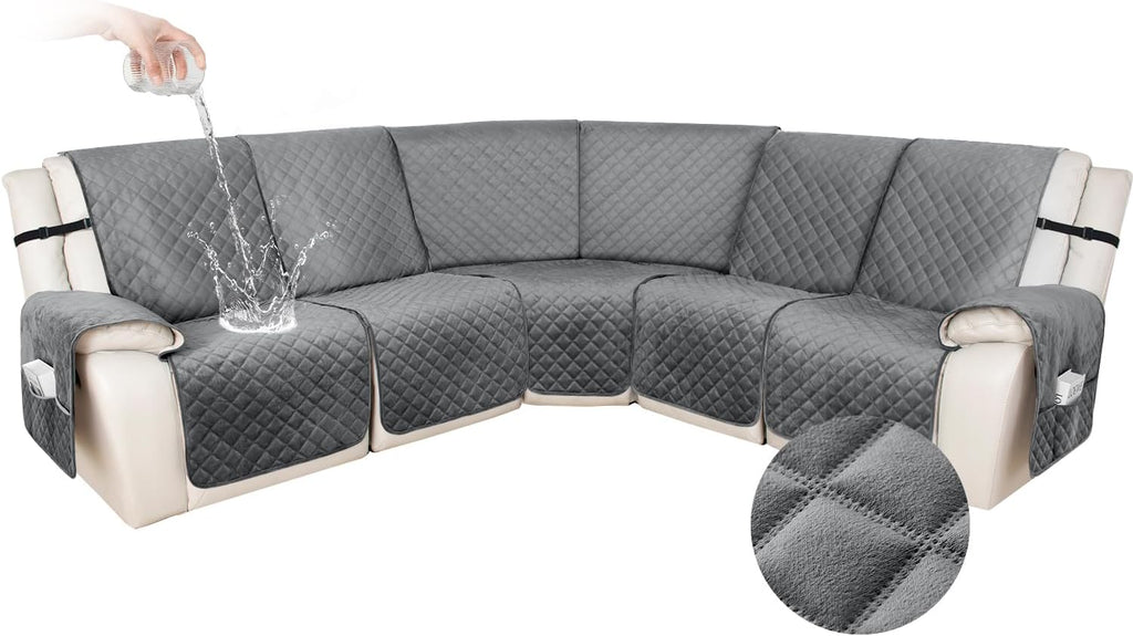 HDCAXKJ 100% Waterproof Velvet Recliner Sectional Couch Covers L Shaped Corner Reclining Sofa Cover Washable Thick Non Slip Sectional Slipcover with Pockets (5 Seat Recliner Couch, Grey)