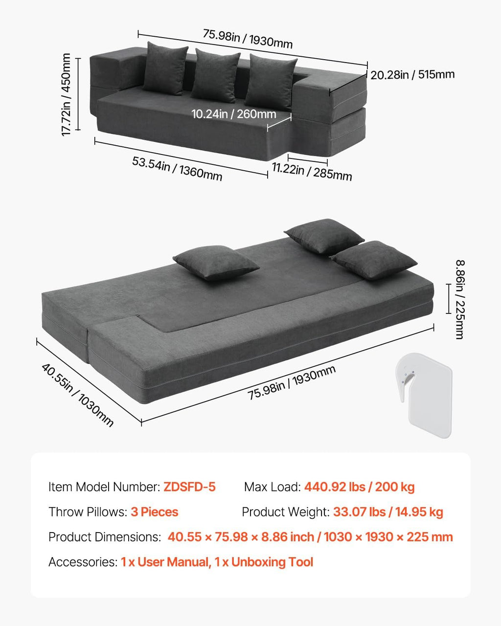 VEVOR Folding Sofa Bed, 3-in-1 Foldable Couch Bed with 3 Pillows and Washable Cover, 25D High Density Memory Foam Convertible Sleeper Chair Bed, Futon Couch, Dark Grey(Twin XL)