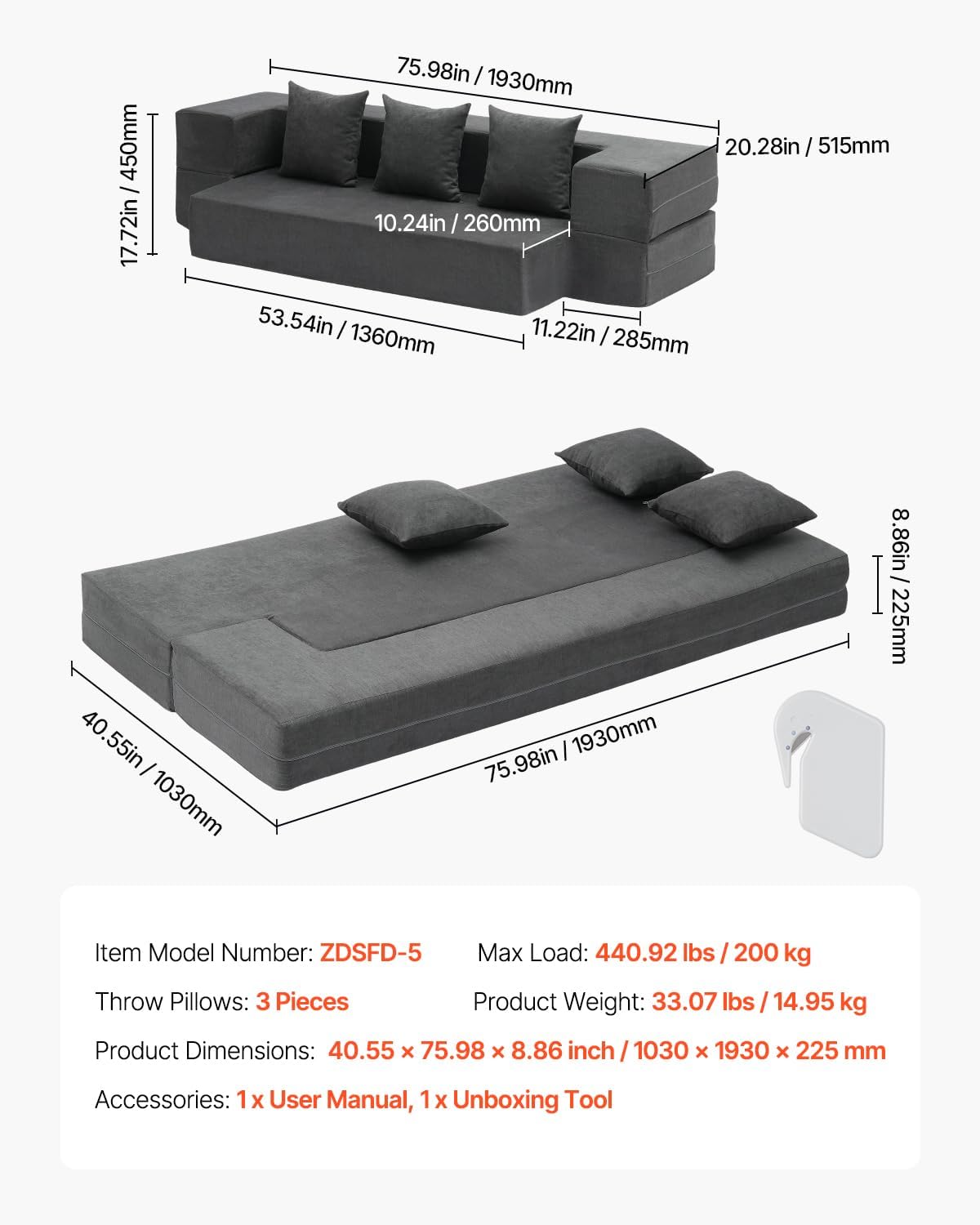 VEVOR Folding Sofa Bed, 3-in-1 Foldable Couch Bed with 3 Pillows and Washable Cover, 25D High Density Memory Foam Convertible Sleeper Chair Bed, Futon Couch, Dark Grey(Twin XL)