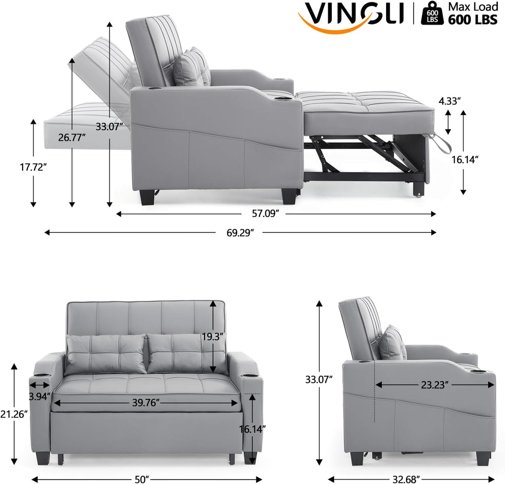 VINGLI Convertible Loveseat Sleeper Sofa, Light Grey Faux Leather Futon Sofa Bed Pullout Couch Bed with USB Ports, Cup Holders, Armrest for Living Room, Bedroom, Home Office Apartment
