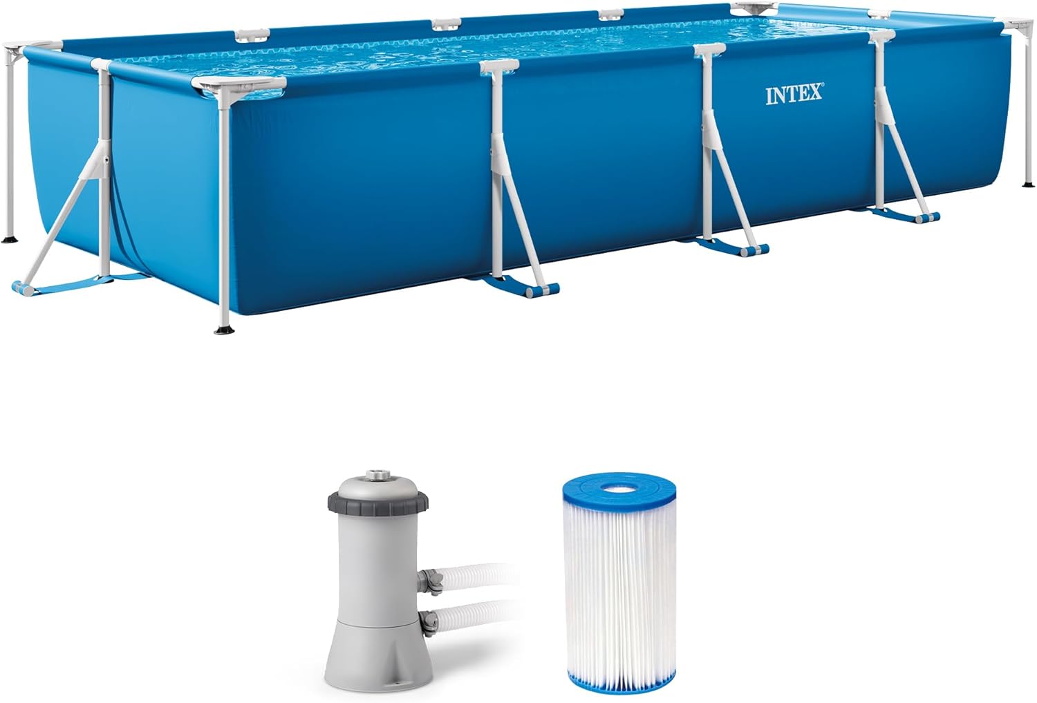 INTEX Rectangular Frame 14 ft 9 in x 7 ft 3 in x 33 in Above Ground Pool, Swimming Pool with Steel Frame and 530 GPH Cartridge Filter Pump