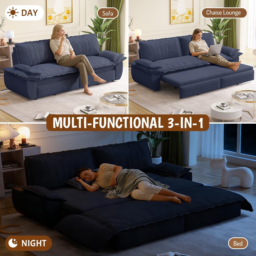 KEIKI 73.2' Queen Convertible Sofa Bed, 3-in-1 Pull Out Sleeper Couch with Compact Design, Corduroy Futon Loveseat Sofa for RV Camper Apartment Small Space Flexible Furniture Solution