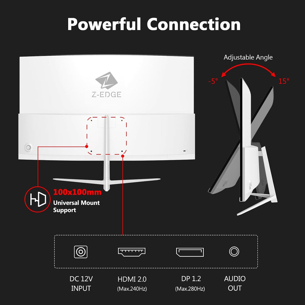 Z-Edge 27 inch Curved Gaming Monitor, FHD 1080P 240Hz 280Hz Curved 1500R Computer Monitor, Fast MPRT 1ms, FreeSync, Low Blue Light, 350nits, 16.7M Colors, 4000:1 Contrast, UG27P 1X DP and 1X HDMI