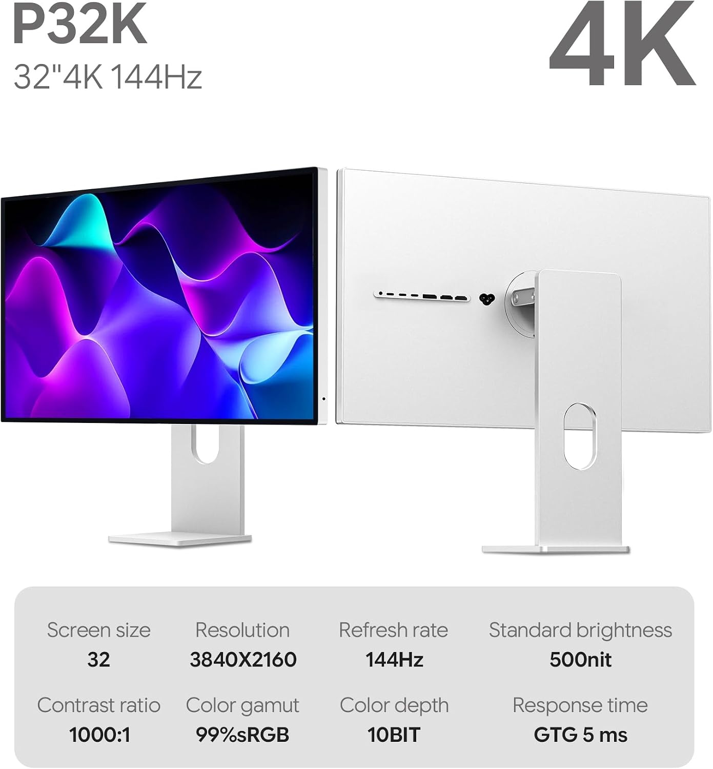 P32K 32'' UHD (3840 x 2160) 4K 144Hz Glossy Monitor, IPS Panel, 10-Bit Color, 99% sRGB, 96% DCI-P3, 5ms, HDR, Low Blue Light, Eye Care (Minimalist - with Stand)