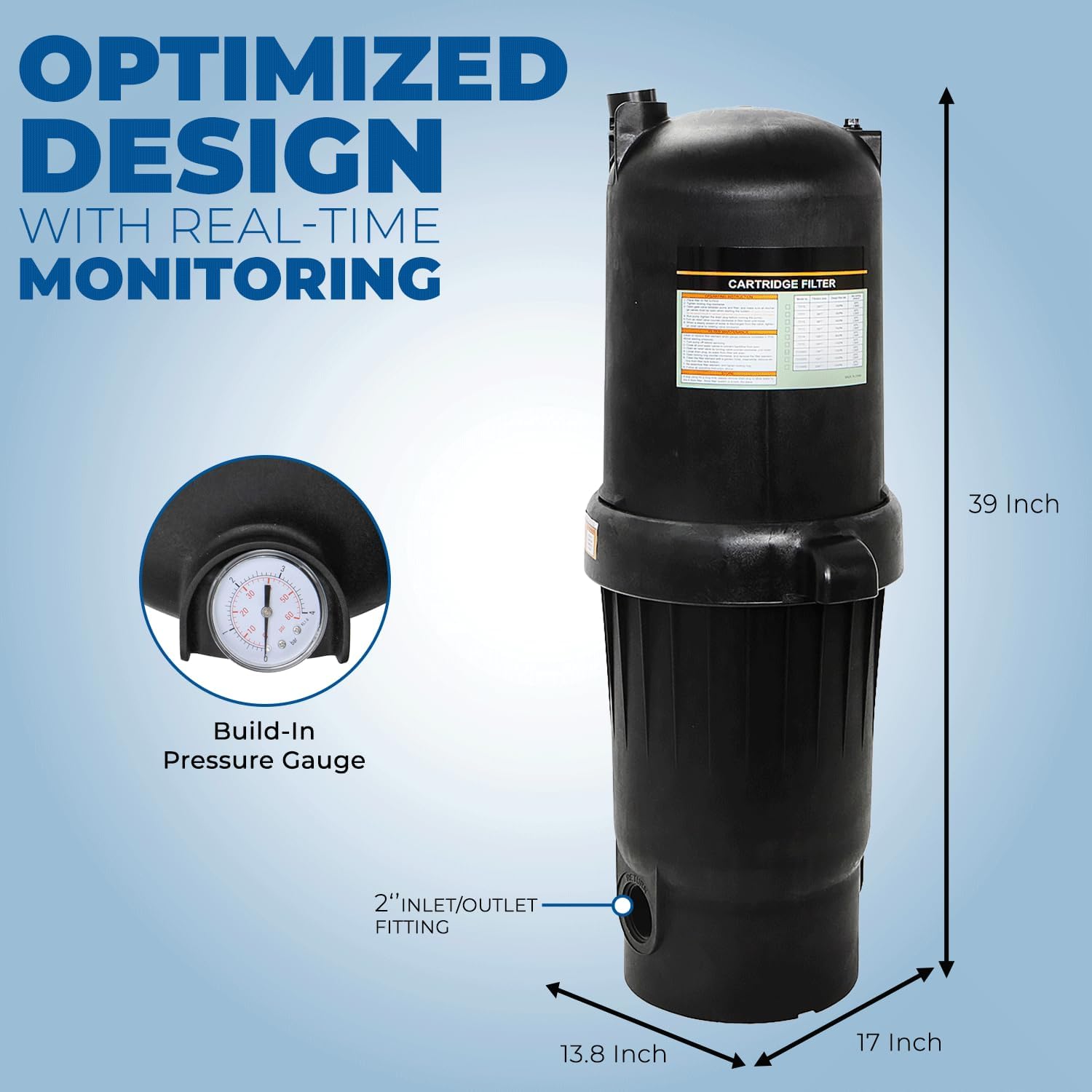 XtremepowerUS 175 sq/ft Swimming Pool Cartridge Filter In-Ground Pool/Spa Swimming Pool Filter for Pool Up to 52,800 Gallons, Pressure Gauge, Filter Included, 2' Inlet/Outlet