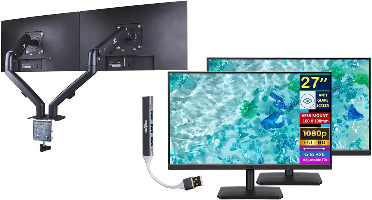 acer Vero V7 V277 Gbmipx 27' FHD IPS Monitor w/ 4ms Response Time, Anti Glare, VESA Mount (100mm), VGA, HDMI & Black Color (UM.HV7AA.G07) 2 Pack with Dockztorm Hub & ErgoFlexy Dual Monitor Mount