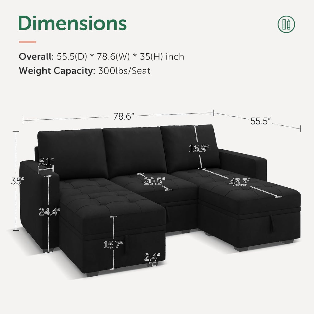 HONBAY Modular Sectional Couch U Shaped Sofa with Storage Seats Sectional Couches for Living Room,Black