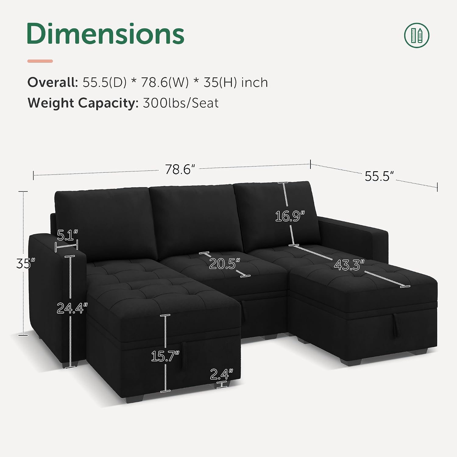 HONBAY Modular Sectional Couch U Shaped Sofa with Storage Seats Sectional Couches for Living Room,Black