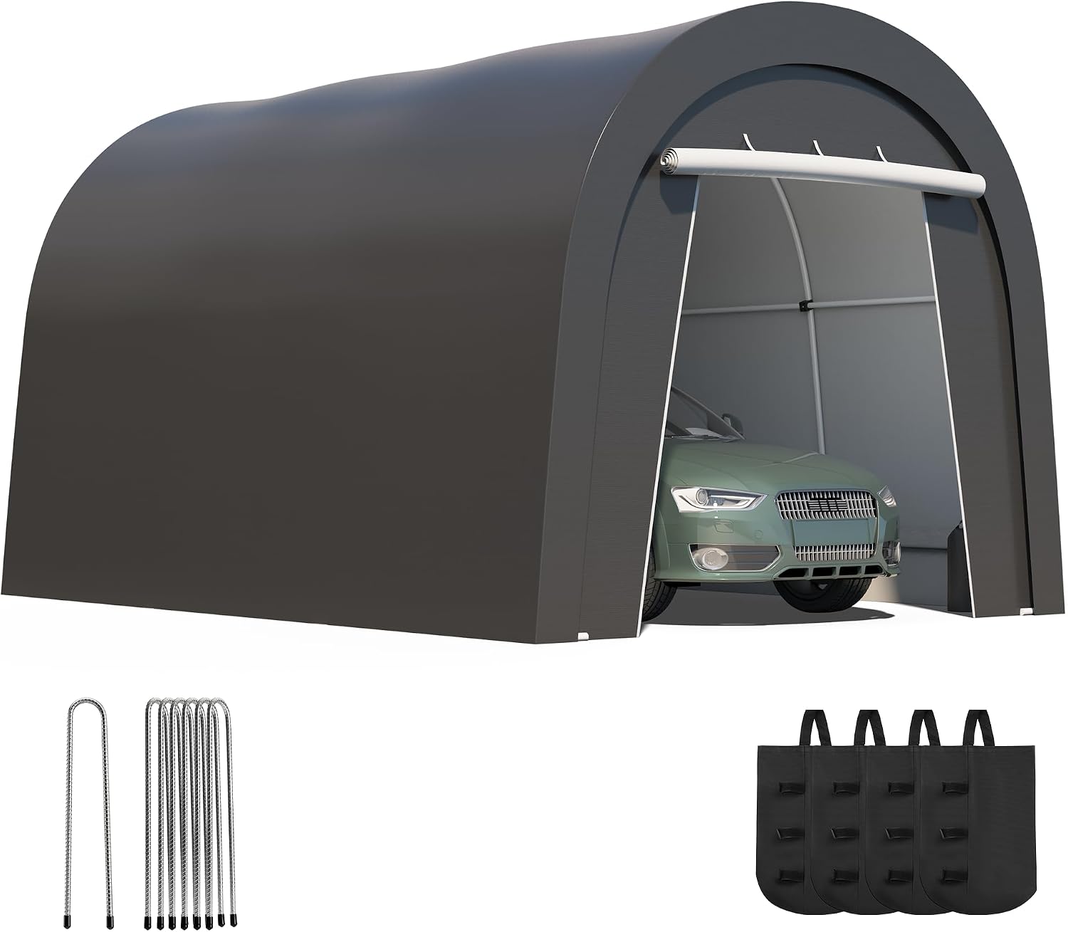 Kiss the Water Domed Carport with 4 Cloth Bags, Portable Garage with 2 Roll-up Doors, Heavy Duty Car Canopy Party Tent, All-Season Storage Shelter Shed for Cars, Truck, or Garden Tools, 10' x 15'