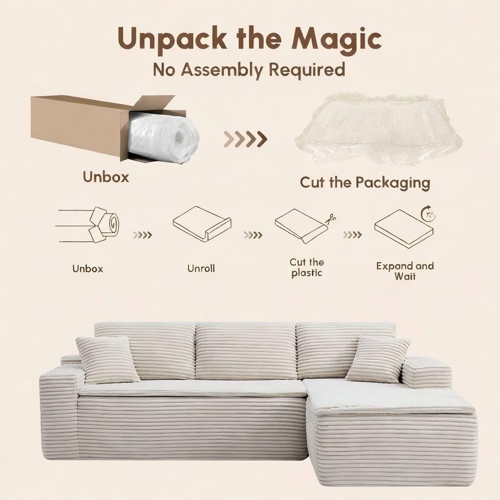 Boneless Sectional Couch, Cloud Modular Sofa, Memory Foam Compressed Couches Sofa in a Box, No Assembly Corduroy Fabric Living Room Furniture, Oversized Double-Layer Soft Cushion Luxury Sofa