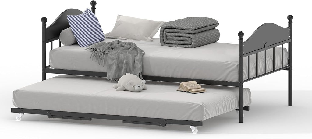 IDEALHOUSE Twin Metal Daybed with Pop-Up Trundle, Heavy Duty Steel Slats Platform Bed with Stylish Headboard, Convertible Sofa Bed Frame for Living Room, Bedroom, or Guest Room, Black