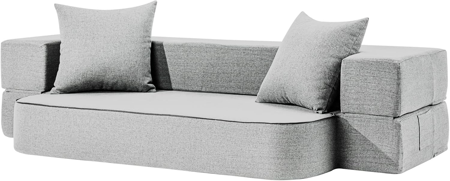 SUYOLS 2-in-1 Folding Sofa Bed with Pillows - Folding Chair Floor Couch & Sleeping Mattress - Washable Cover & Memory Foam Sleeper Chair for Living Room/Guest Room/Apartment/Loft, Light Gray, Twin