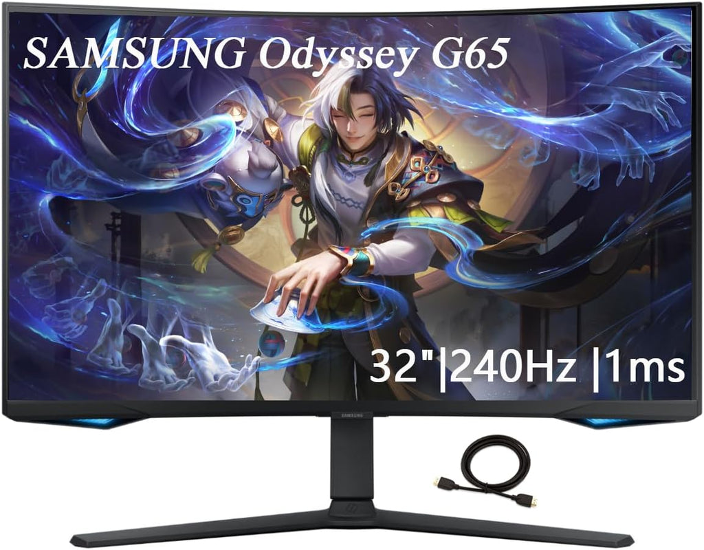 Samsung 32' Odyssey G65B Series QHD Gaming Monitor, 240Hz, 1ms, Gaming Hub, Smart TV Apps, 1000R Curved, Swivel & Tilt Adjustable Stand, Black, with GSF HDMI Cable